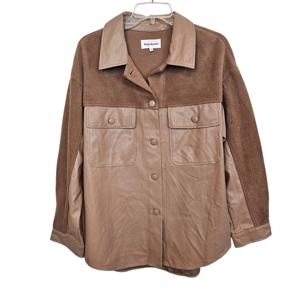 Heartloom Mocha Mousse Tonya Faux Leather Teddy Button Down Shacket Nwot
